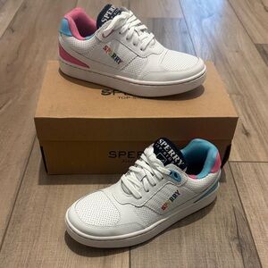Sperry White Sneakers with Pink & Teal Accents